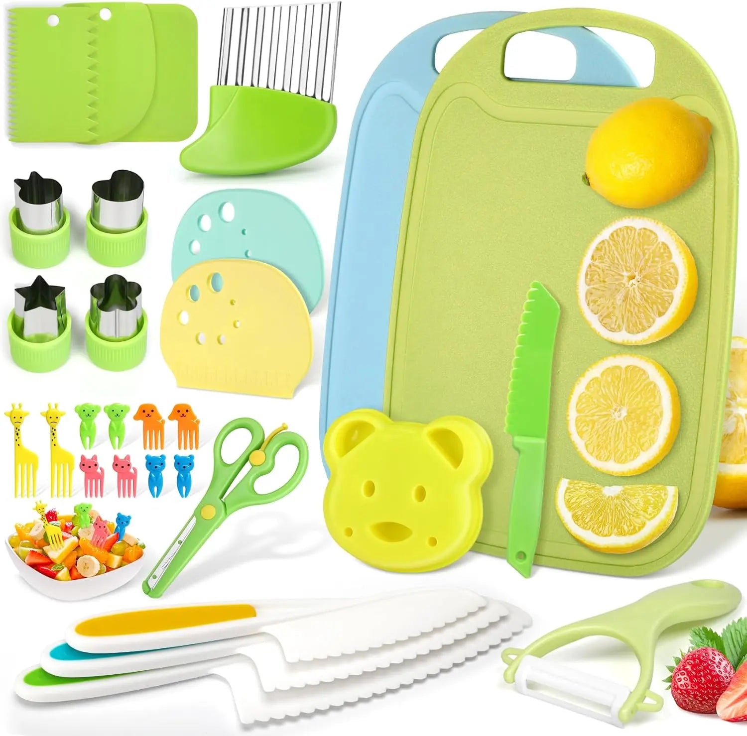 Gyerekkés 29 darabos - gyerekbiztonsági konyhakés, gyerekkés gyümölcs hámozáshoz és -vágáshoz, gyerekvágó kés 2 éves kortól vágódeszkával, Montessori kés BaBo Kids Tools
