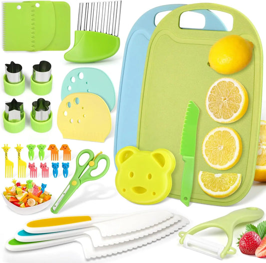 Gyerekkés 29 darabos - gyerekbiztonsági konyhakés, gyerekkés gyümölcs hámozáshoz és -vágáshoz, gyerekvágó kés 2 éves kortól vágódeszkával, Montessori kés BaBo Kids Tools