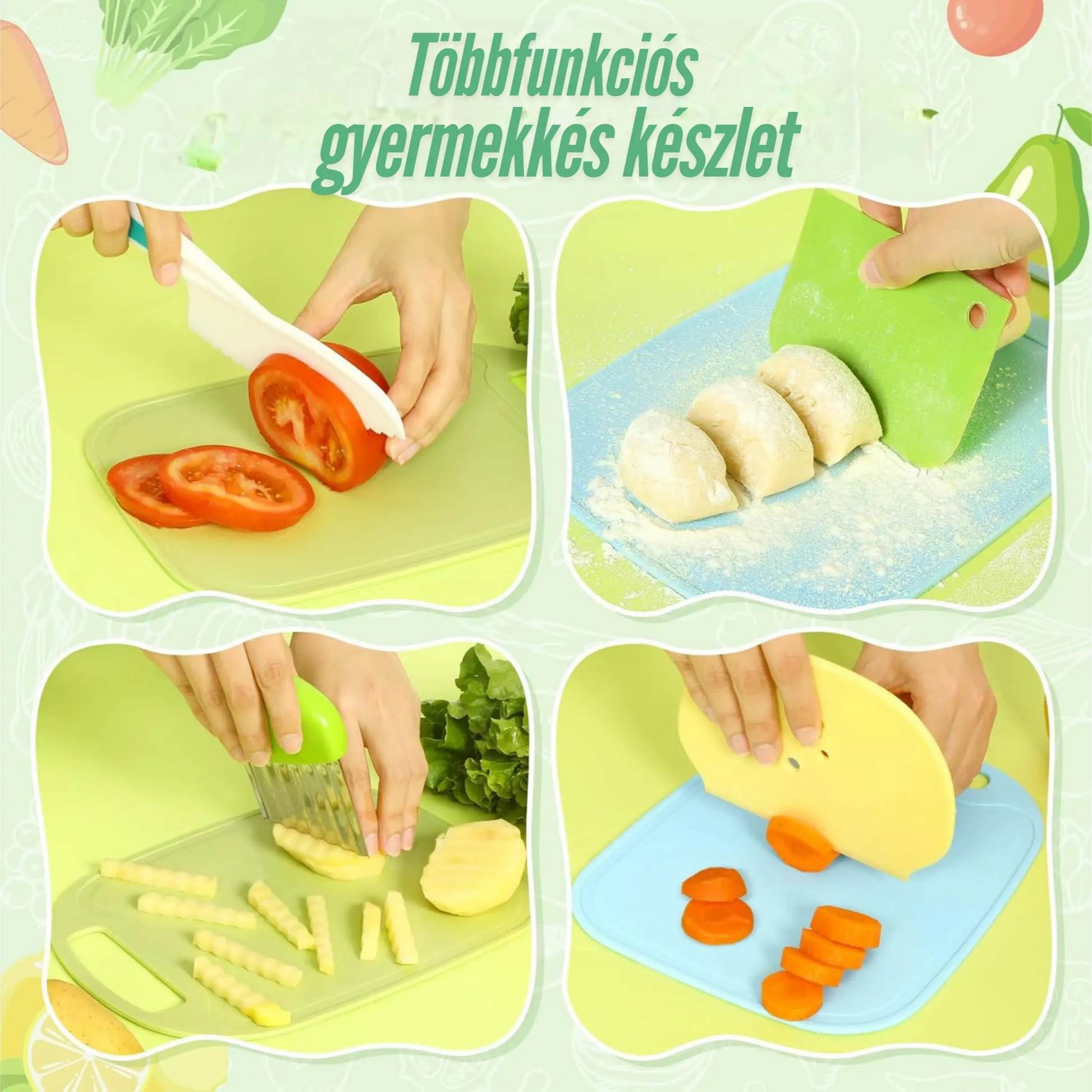 Gyerekkés 29 darabos - gyerekbiztonsági konyhakés, gyerekkés gyümölcs hámozáshoz és -vágáshoz, gyerekvágó kés 2 éves kortól vágódeszkával, Montessori kés BaBo Kids Tools