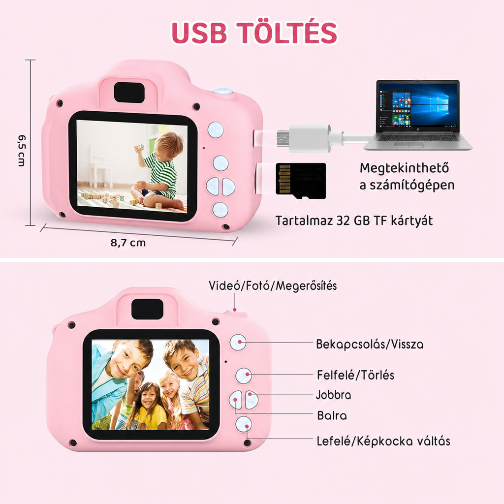 Gyerek fényképezőgép méretei és gombjai, USB töltőkábellel és 32 GB-os memóriakártyával