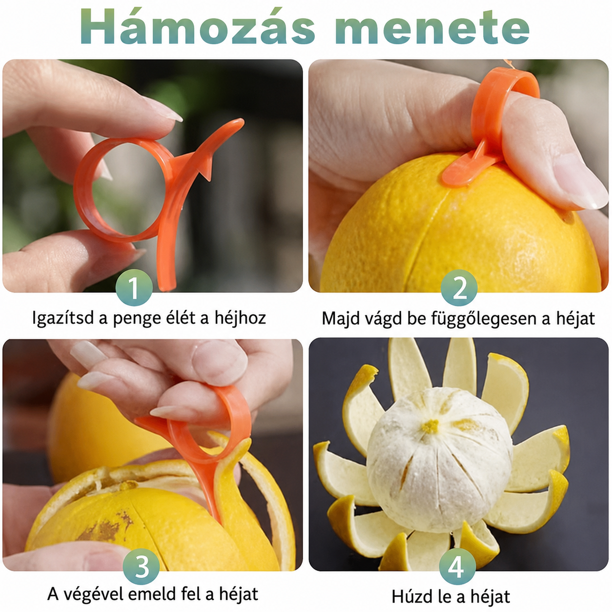 Narancshámozó gyűrű egy gyerek mutatóujján, méretarány