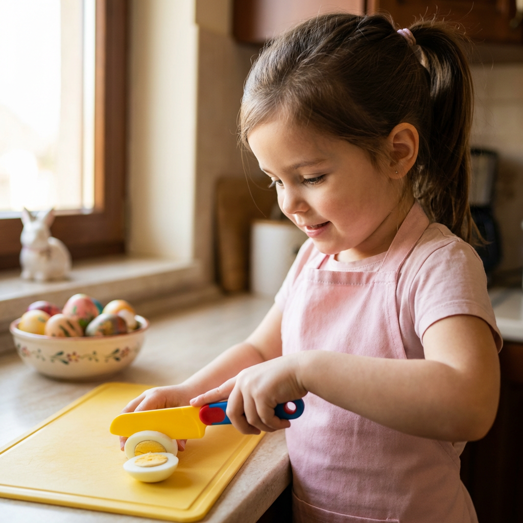 Kisgyermek húsvéti tojássalátát készít biztonságos Montessori gyerekkéssel a konyhában