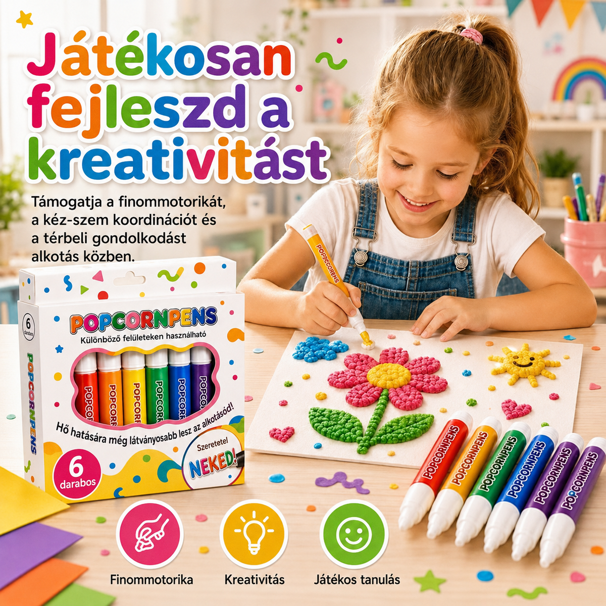 Kislány virágot rajzol 3D Popcorn Tollal az asztalnál, mellette a 6 darabos szett dobozzal
