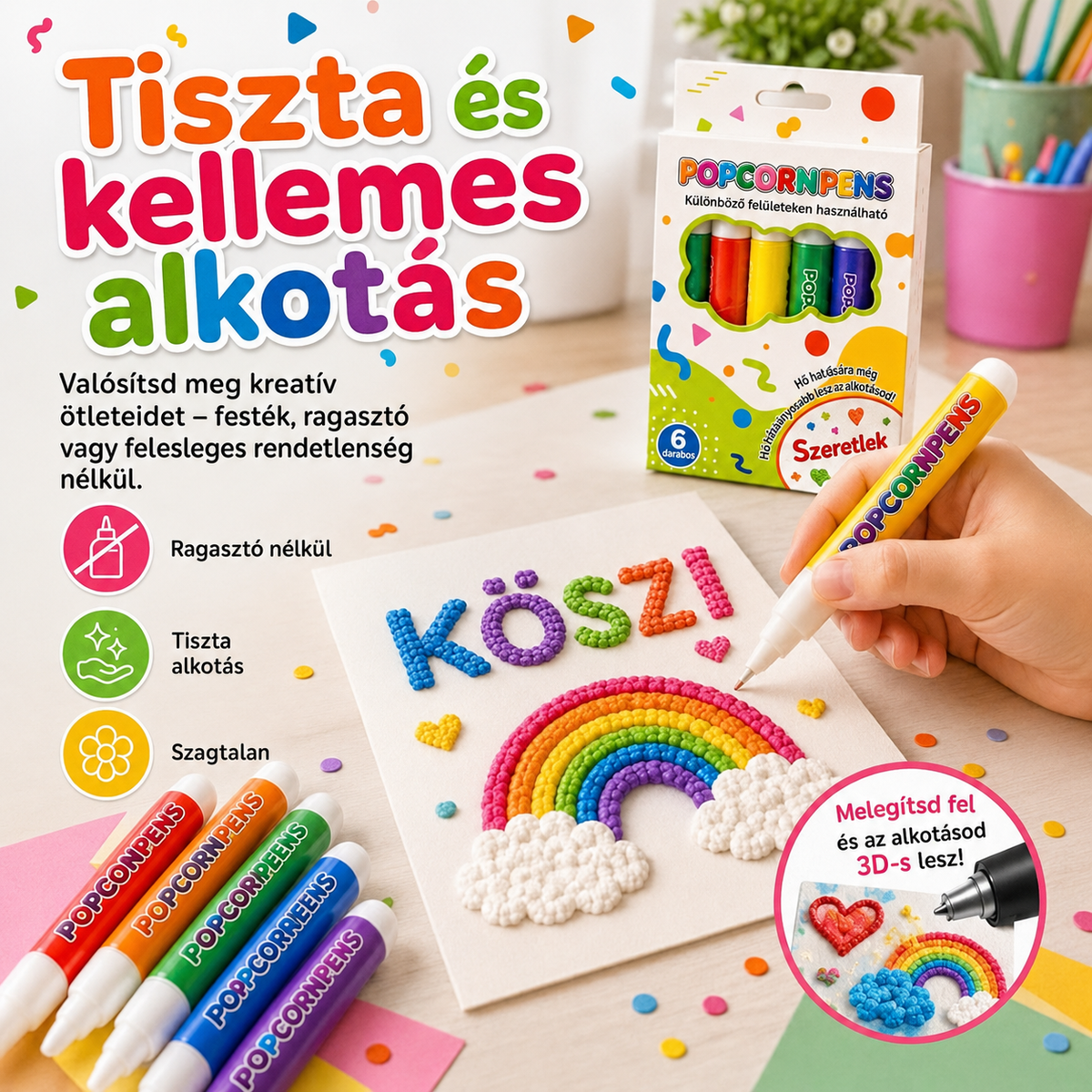 Köszi feliratú kártya 3D Popcorn Tollal, melegítés után kidomborodó szivárvánnyal és felhőkkel