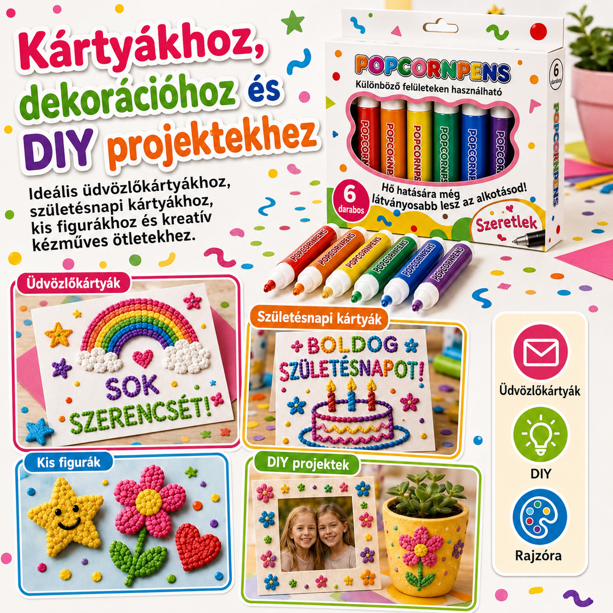 3D Popcorn Tollal készült üdvözlőkártya, születésnapi lap, virág és csillag figurák