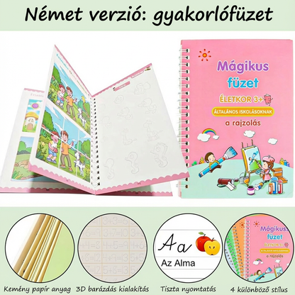 Német Nyelvű Mágikus Gyakorlófüzet Szett (4 db) – Újrafelhasználható Írásfejlesztő Csomag Tolltartóval