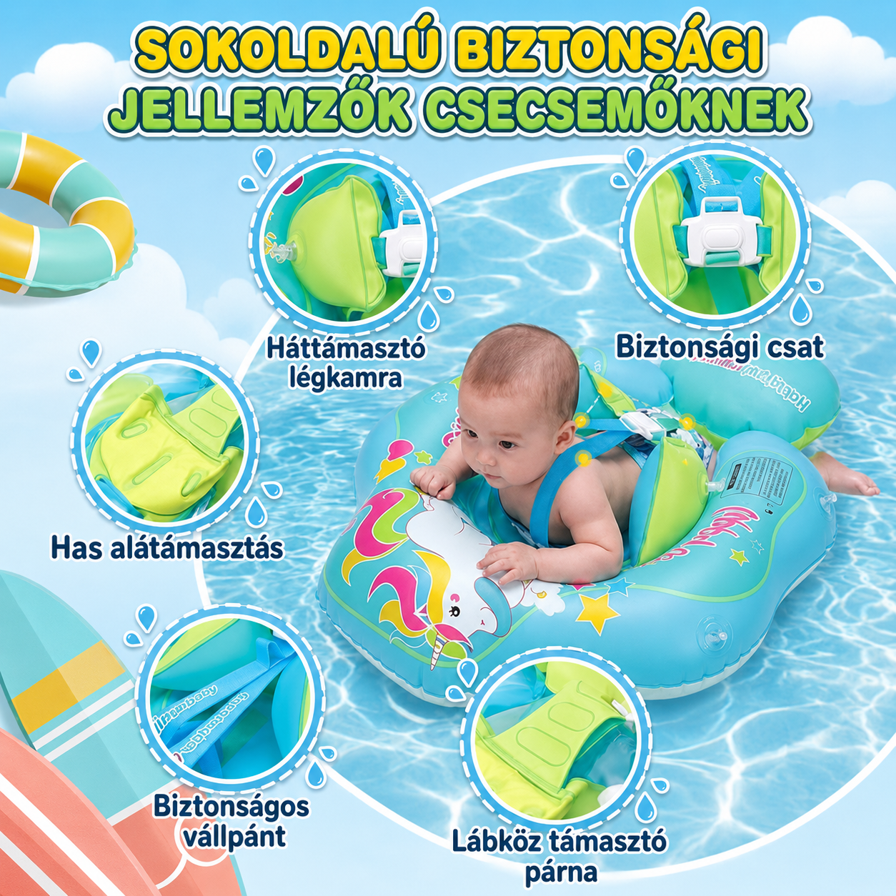 Baba úszógumi biztonsági elemei — háttámasztó légkamra, hastámasz, lábköz párna, biztonsági csat és vállpánt