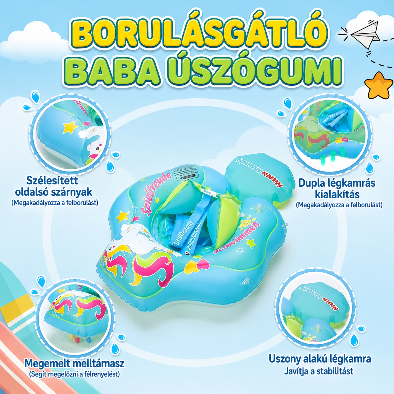 Borulásgátló baba úszógumi széles oldalszárnyakkal és dupla légkamrával a stabil pancsoláshoz