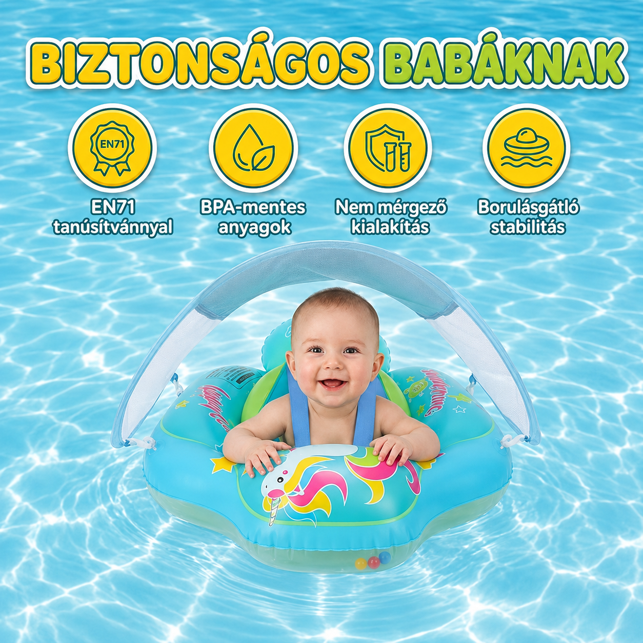 EN71 minősítésű, BPA-mentes borulásgátló baba úszógumi napellenzővel, mosolygó babával a medencében