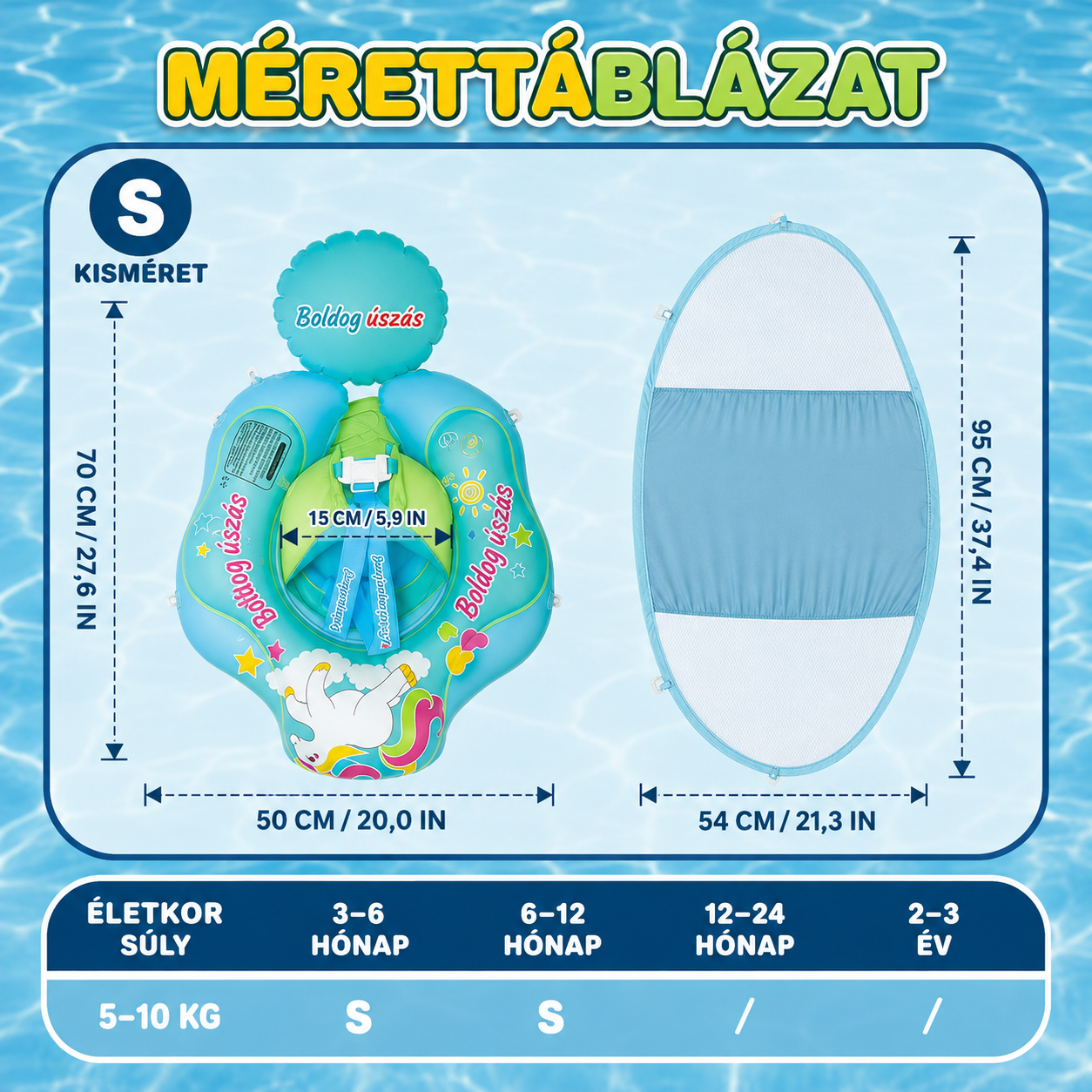  Napellenzős baba úszógumi mérettáblázata — S méret 70 × 50 cm, belső átmérő 15 cm, napellenző 95 × 54 cm, 3–12 hónapos korig és 5–10 kg-ig