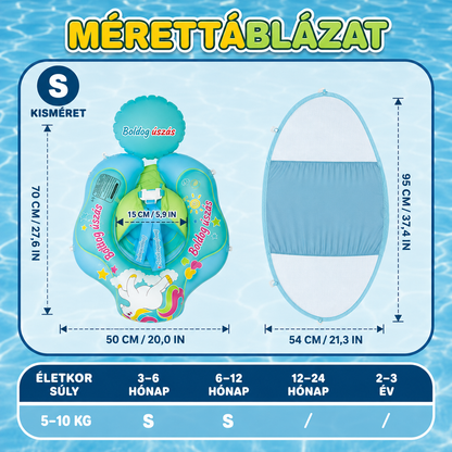  Napellenzős baba úszógumi mérettáblázata — S méret 70 × 50 cm, belső átmérő 15 cm, napellenző 95 × 54 cm, 3–12 hónapos korig és 5–10 kg-ig