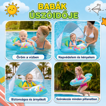 Napellenzős baba úszógumi medencében és strandon, mosolygó babákkal az UV védő tető alatt