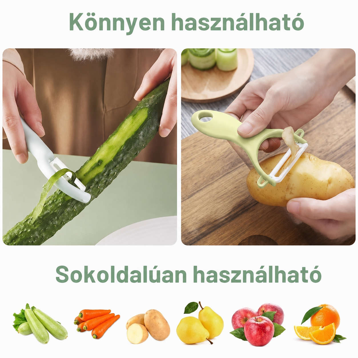 Kék egyenes hámozó uborkát, zöld Y-hámozó krumplit hámoz; alul cukkini, répa, krumpli, körte, alma, narancs