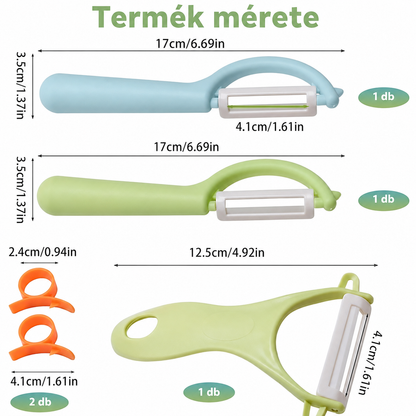 Méretek: a kék és zöld egyenes hámozó 17 cm, a zöld Y-hámozó 12,5 cm, a penge 4,1 cm