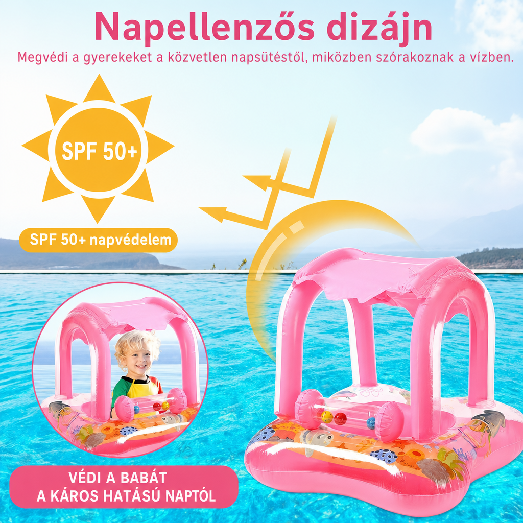 Napellenzős bébi úszógumi — az árnyékoló tető a baba feje fölé nyúlik a közvetlen napsütés ellen