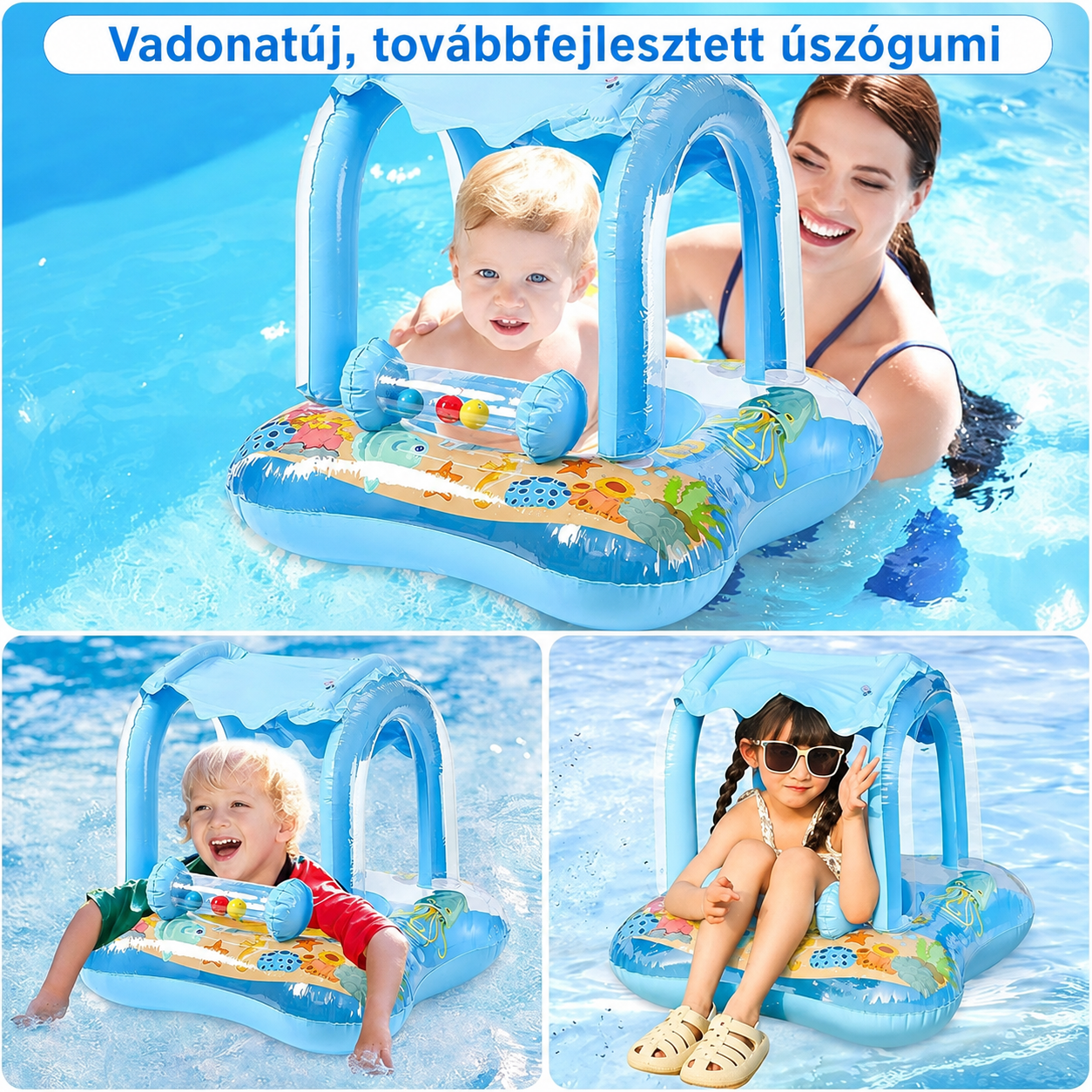 Kék bébi úszógumi napvédő tetővel, kisbaba ül benne, anyukája mellette a medencében