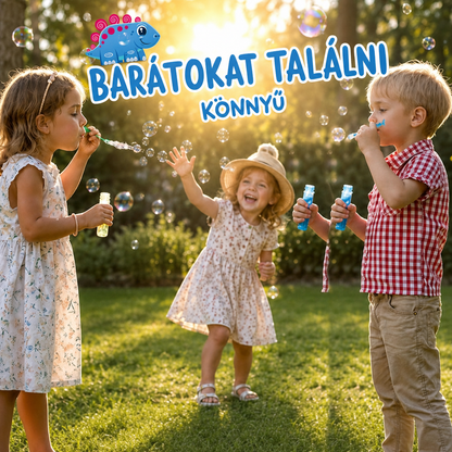 Gyerekek dinós buborékfújóval játszanak a kertben – szappanbuborék zsúrajándéknak és szabadtéri játéknak