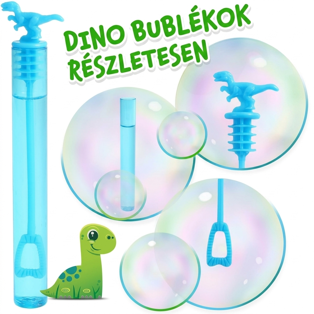 Dinós buborékfújó részletei – dinoszaurusz-figurás kupak, buborékfújó pálca és átlátszó tubus buborékoldattal