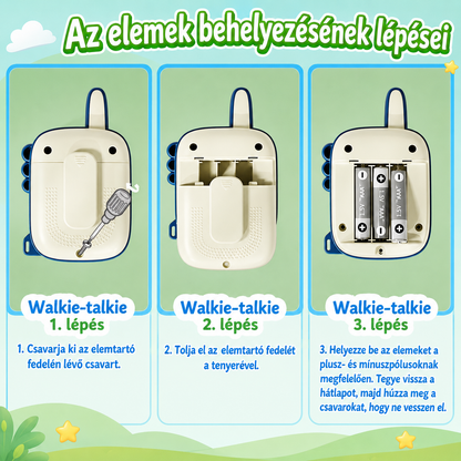 Dínós walkie talkie elembehelyezés 3 lépésben, 3 darab 1,5V AAA elemmel