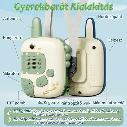 Dínós gyerek walkie talkie felépítése: antenna, hangszóró, mikrofon, PTT gomb, be-ki gomb, hordozópánt, csipesz