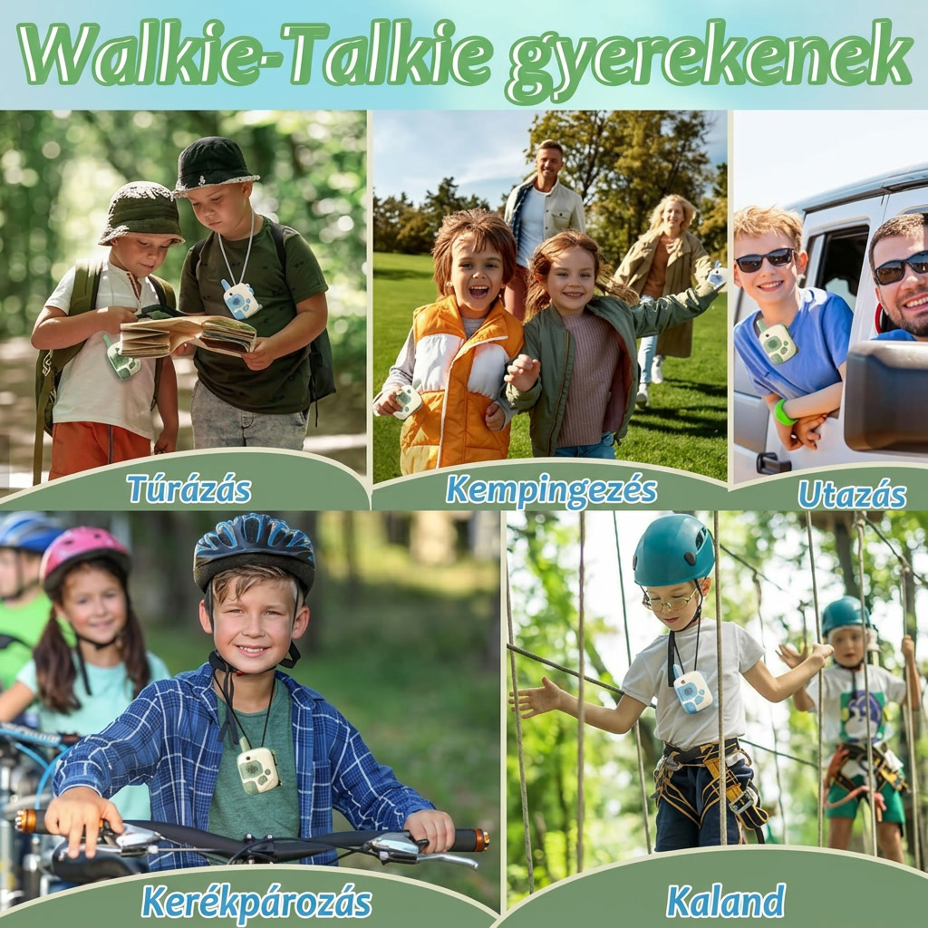 Gyerekek dínós walkie talkie-val túrázás, kempingezés, utazás, kerékpározás és kaland közben
