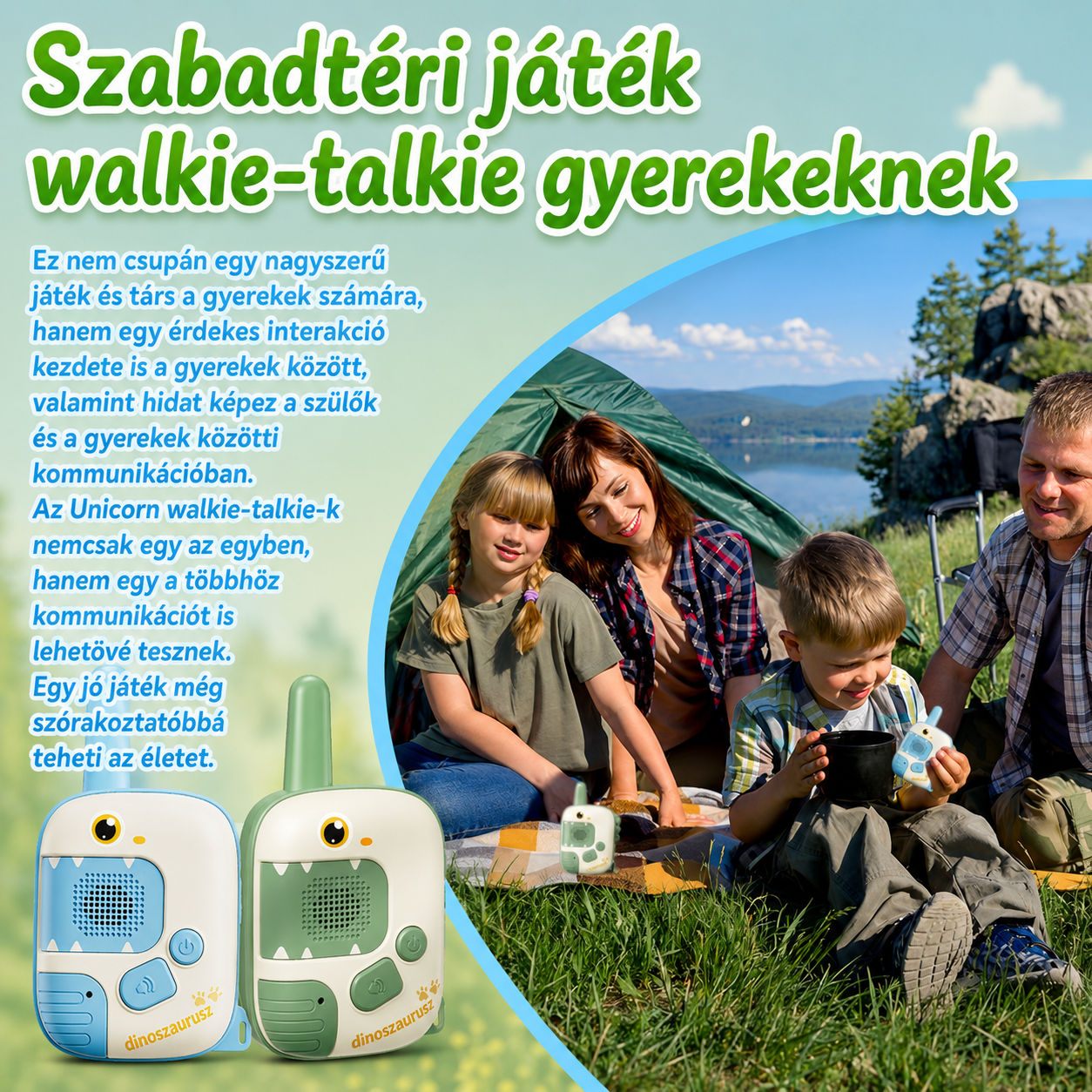 Dínós walkie talkie pár szabadtéri kempingezéshez, gyerekek a sátornál kék és zöld adóvevővel