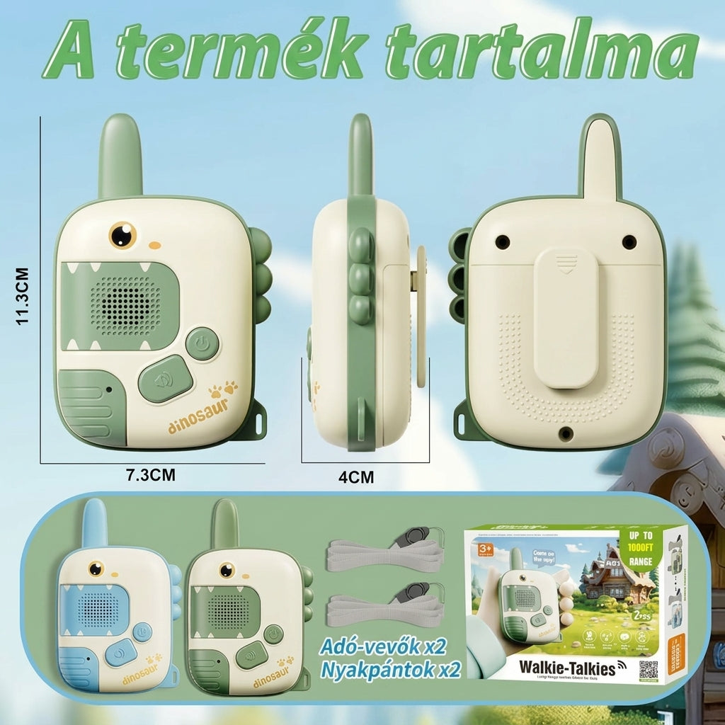 Dínós walkie talkie szett tartalma: 2 adóvevő (11,3 x 7,3 x 4 cm), 2 nyakpánt, díszdoboz