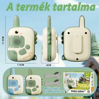 Dínós walkie talkie szett tartalma: 2 adóvevő (11,3 x 7,3 x 4 cm), 2 nyakpánt, díszdoboz