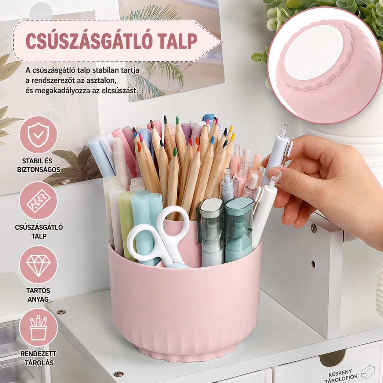 Forgó asztali tolltartó csúszásgátló talppal, feltöltve ceruzákkal, filctollakkal és ollóval