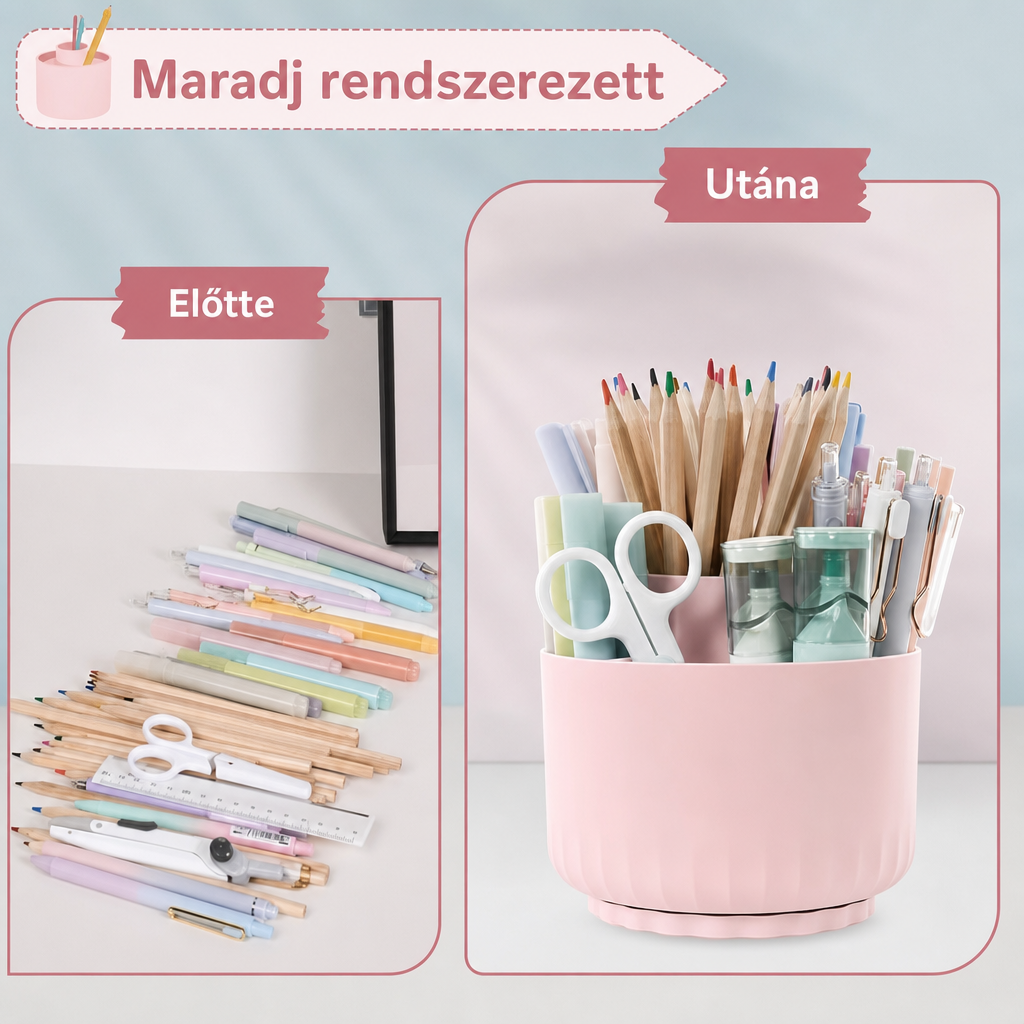 Szétszórt írószerek az asztalon, mellette ugyanaz rendszerezve a forgó tolltartóban