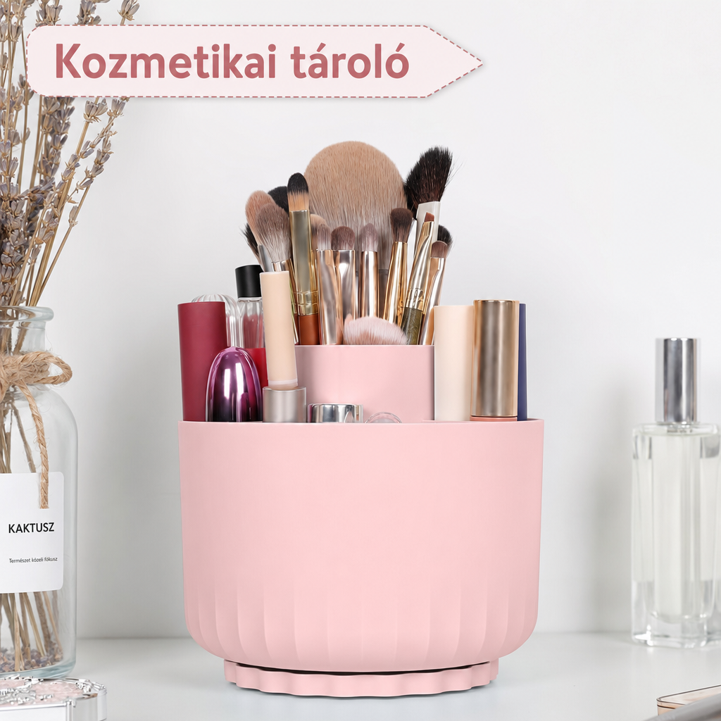Forgó tolltartó kozmetikai tárolóként, sminkecsetekkel és rúzsokkal a fésülködőasztalon