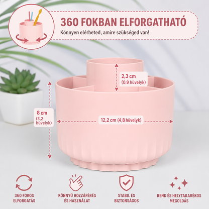 Forgó asztali tolltartó méretei: 12,2 cm átmérő, 8 cm magas oldalrekeszek, 2,3 cm-rel magasabb középső rekesz