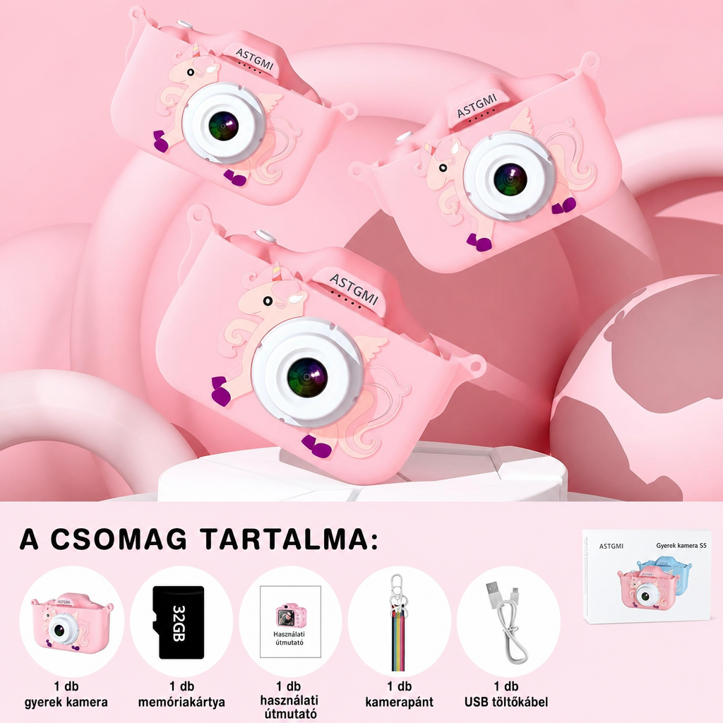 A gyerek fényképezőgép csomagja: kamera, 32 GB-os memóriakártya, útmutató, nyakpánt és USB kábel