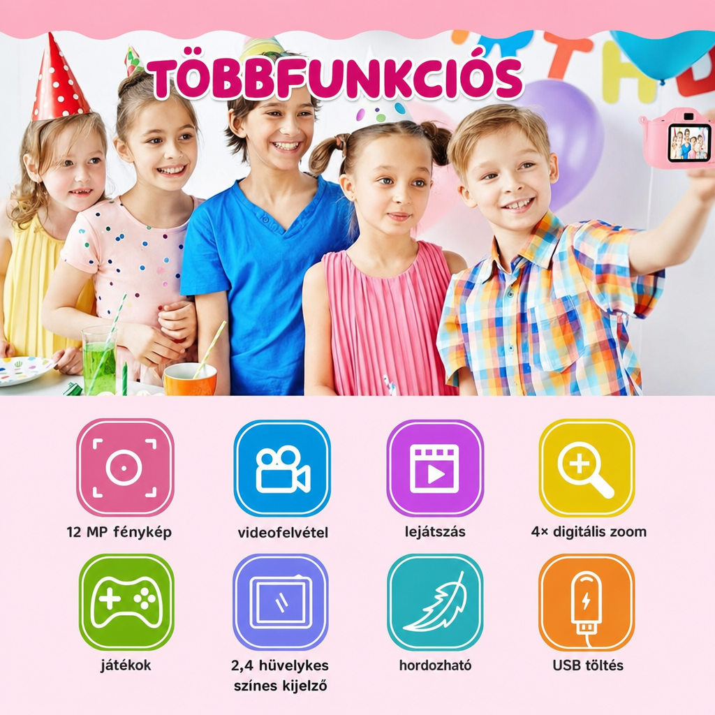 Gyerek fényképezőgép funkciói: fotó, videó, visszajátszás, digitális zoom, színes kijelző és USB töltés