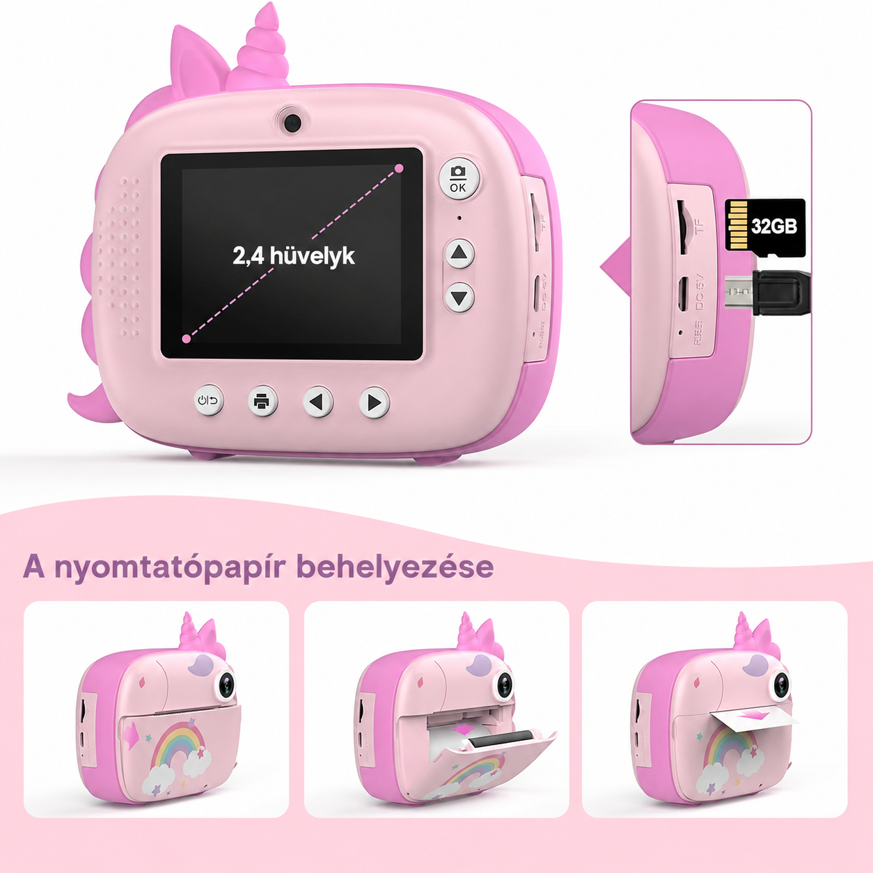 Gyerek instant fényképezőgép 2,4 hüvelykes kijelzővel, 32 GB kártyával és nyomtatópapír behelyezésével