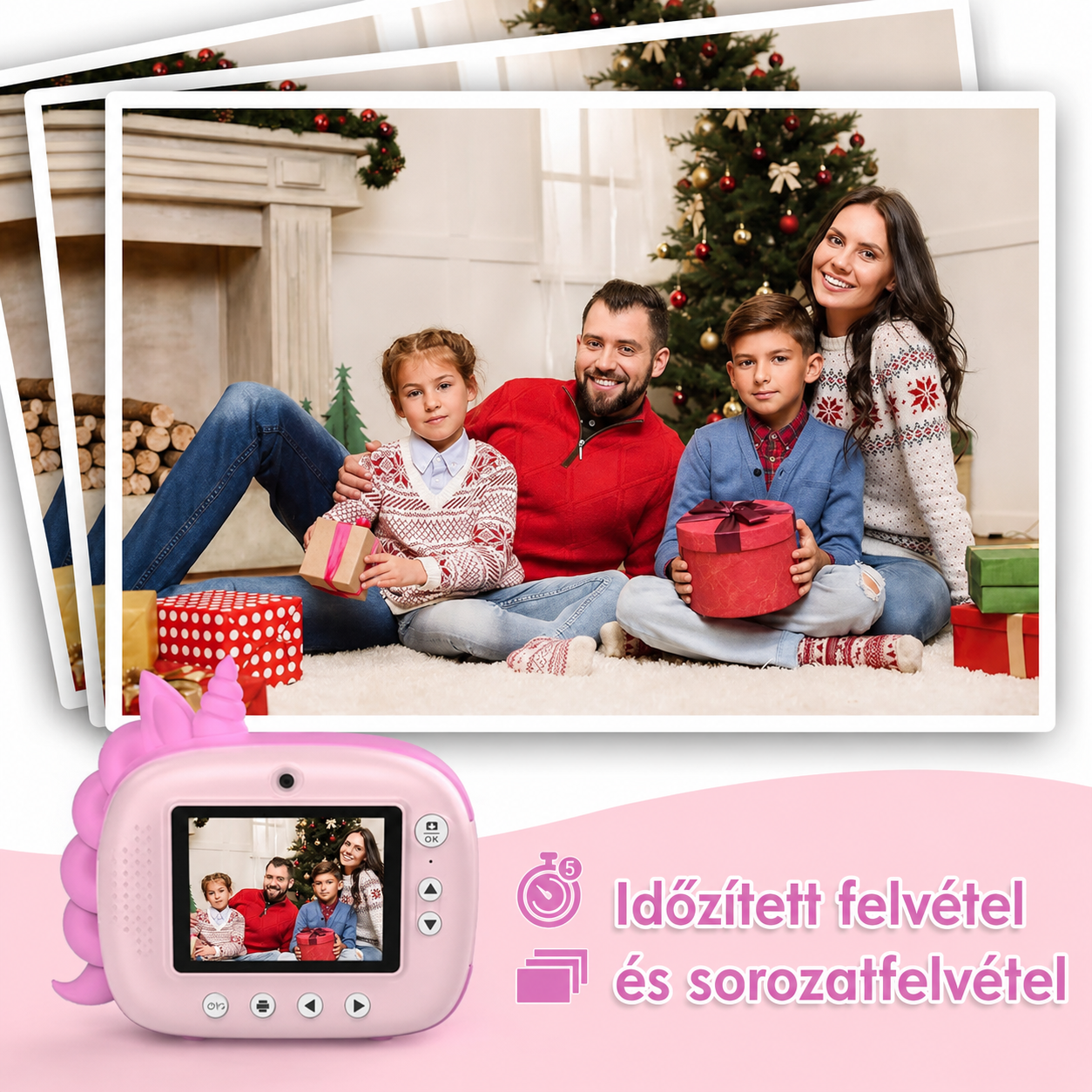 Gyerek instant fényképezőgép karácsonyi családi fotóval, időzített és sorozatfelvétel funkcióval