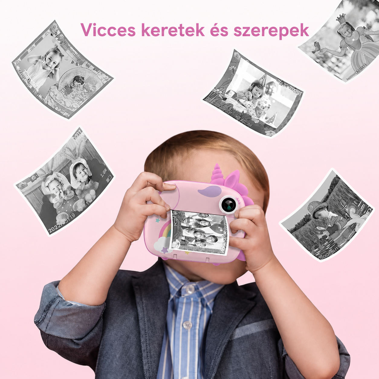 Kisfiú a rózsaszín unikornis kamerával fotózik, kinyomtatott fekete-fehér képek vicces keretekkel