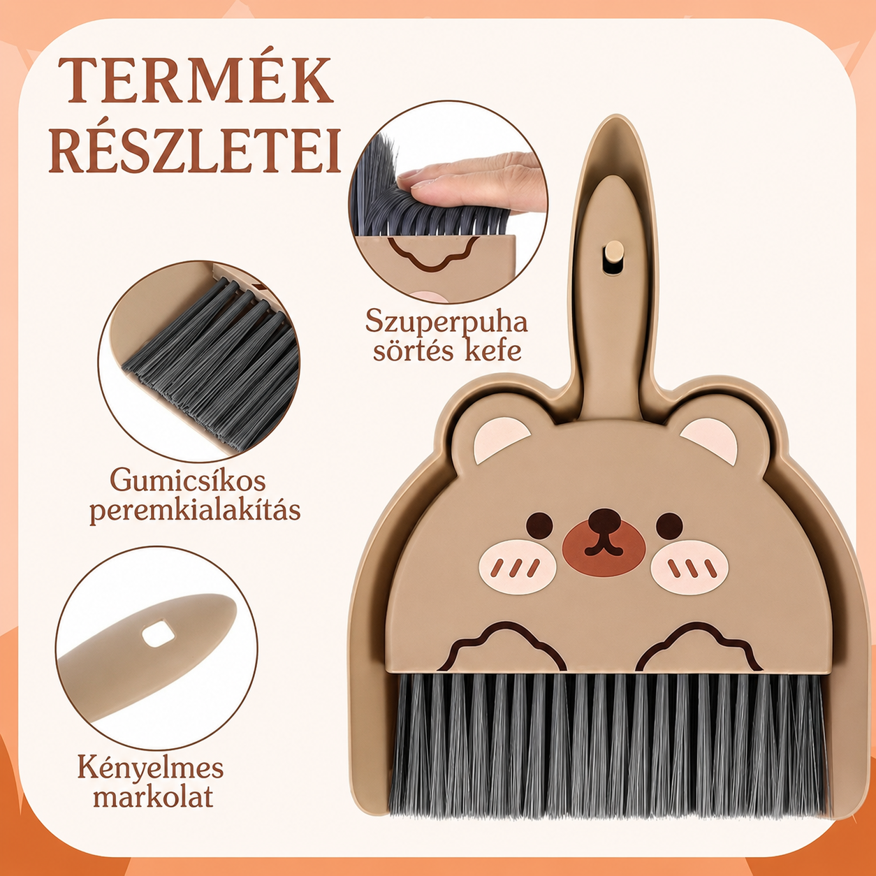 Gyerek kefe-lapát szett jellemzői – szuperpuha sörtés kefe, gumicsíkos peremkialakítás, kényelmes markolat
