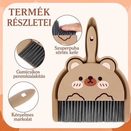 Gyerek kefe-lapát szett jellemzői – szuperpuha sörtés kefe, gumicsíkos peremkialakítás, kényelmes markolat
