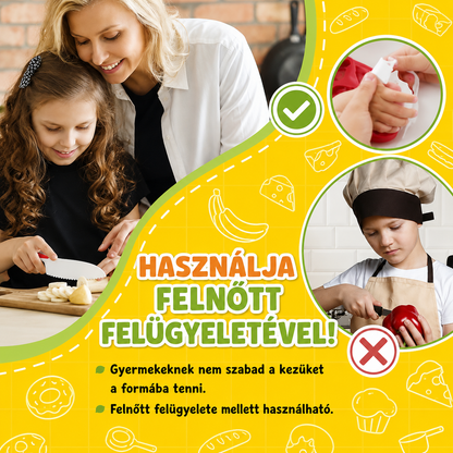 Montessori gyerekkés szett biztonságos használata: anyuka és kislány banánt szeletel lekerekített élű gyerekkéssel, felnőtt felügyelet mellett.