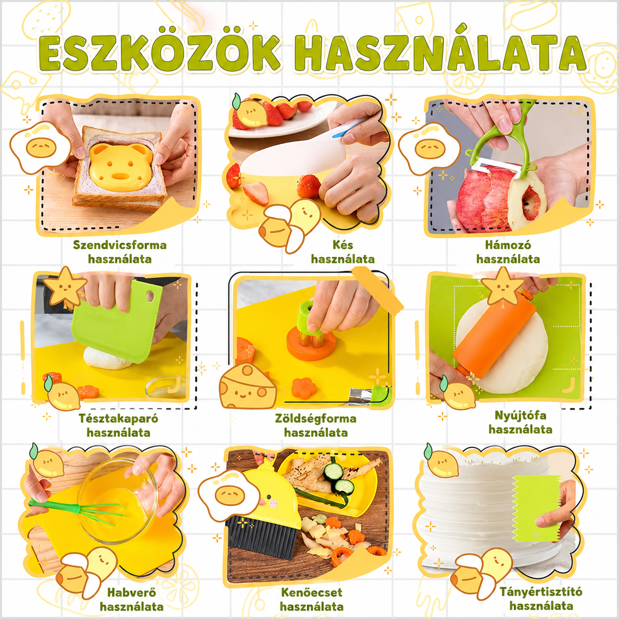A 47 darabos gyerekkés szett eszközeinek használata: szendvicsforma, kés, hámozó, tésztakaparó, zöldségforma, nyújtófa és habverő.