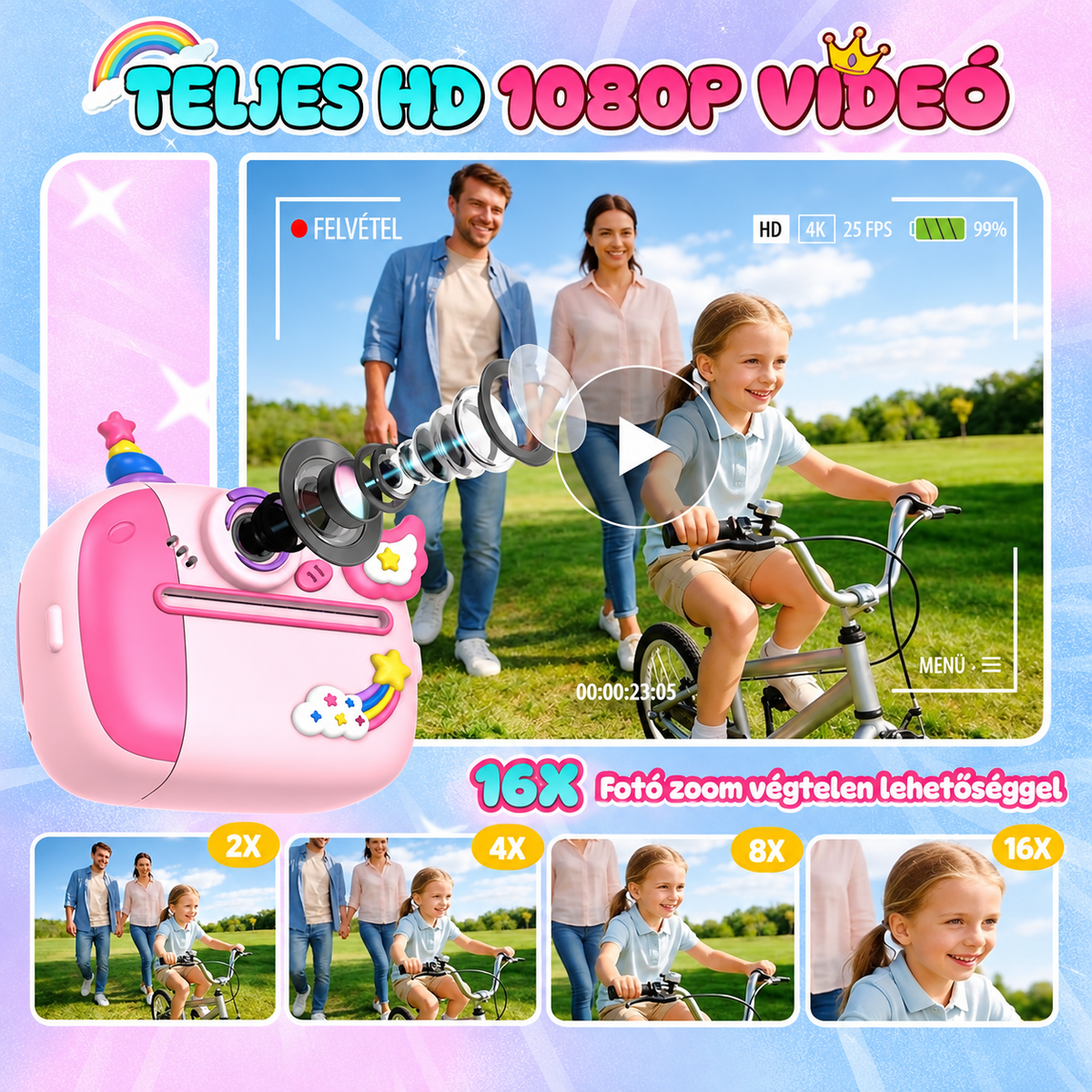 Teljes HD 1080P videófelvétel és 16x fotó zoom gyermekkamerával — 2x, 4x, 8x, 16x zoom fokozatok