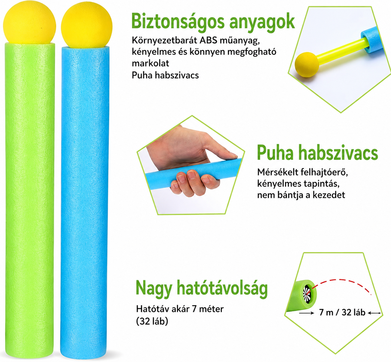 Habszivacs vízipuska jellemzői – puha habszivacs markolat, kényelmes fogás és akár 7 méteres hatótávolság