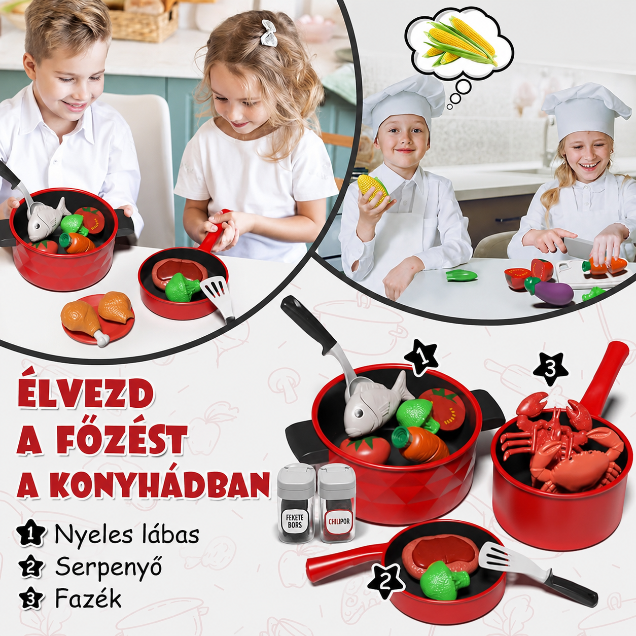 Gyerekek játszanak a konyhakészlettel, nyeles lábas, serpenyő és fazék műanyag halakkal, zöldségekkel és fűszertartókkal