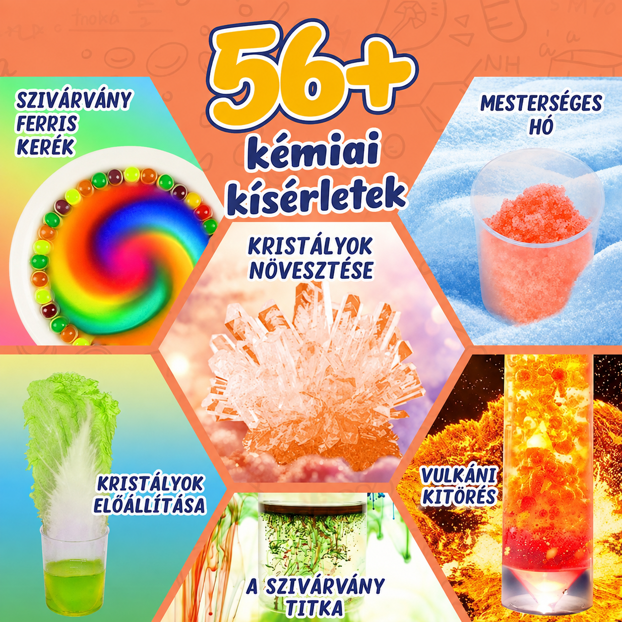 Kísérletek a szettből: kristálynövesztés, mesterséges hó, szivárvány korong és vulkánkitörés