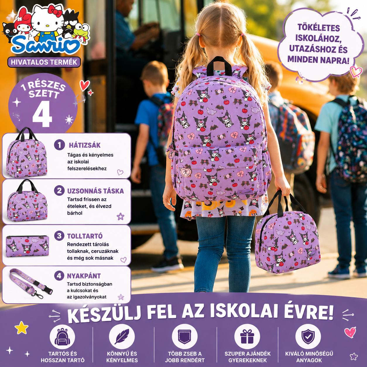 Kislány hátulnézetből a Kuromi hátizsákkal és uzsonnatáskával iskolakezdéskor