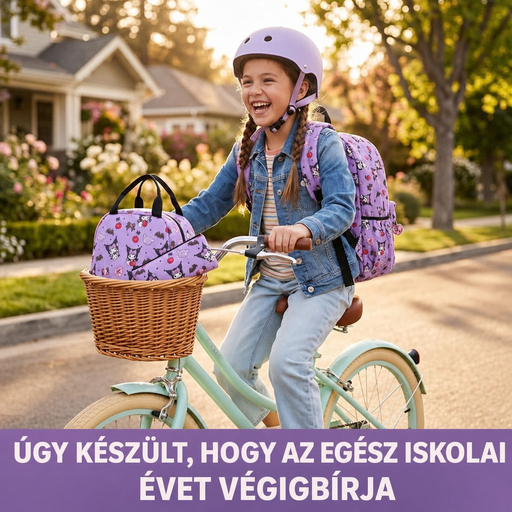 Kislány Kuromi hátizsákkal biciklin, az uzsonnatáska a kosárban