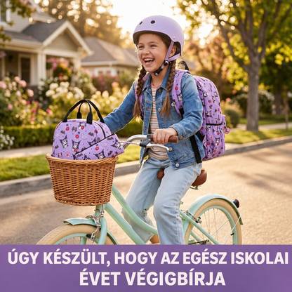 Kislány Kuromi hátizsákkal biciklin, az uzsonnatáska a kosárban