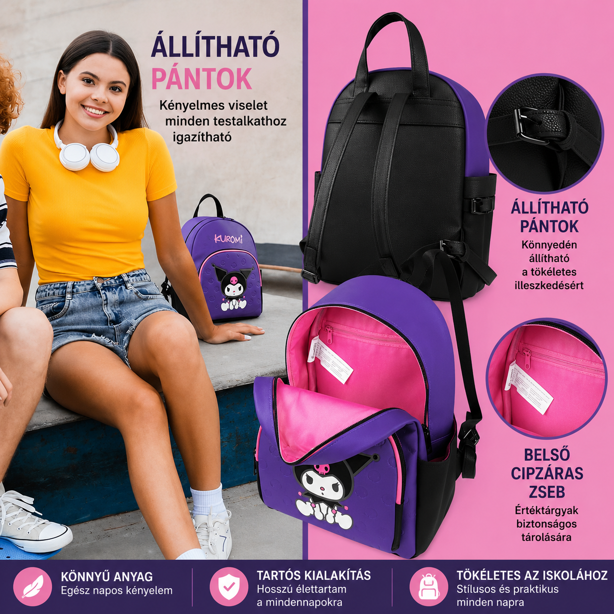 Lila Kuromi mini hátizsák állítható pántjai hátulnézetből és rózsaszín bélésű belső tere