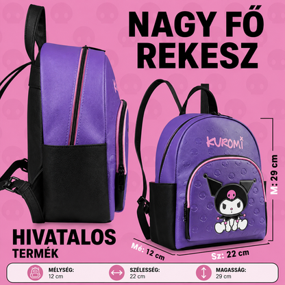 Lila Kuromi mini hátizsák oldal- és elölnézete, méretekkel: 29 cm magas, 22 cm széles, 12 cm mély